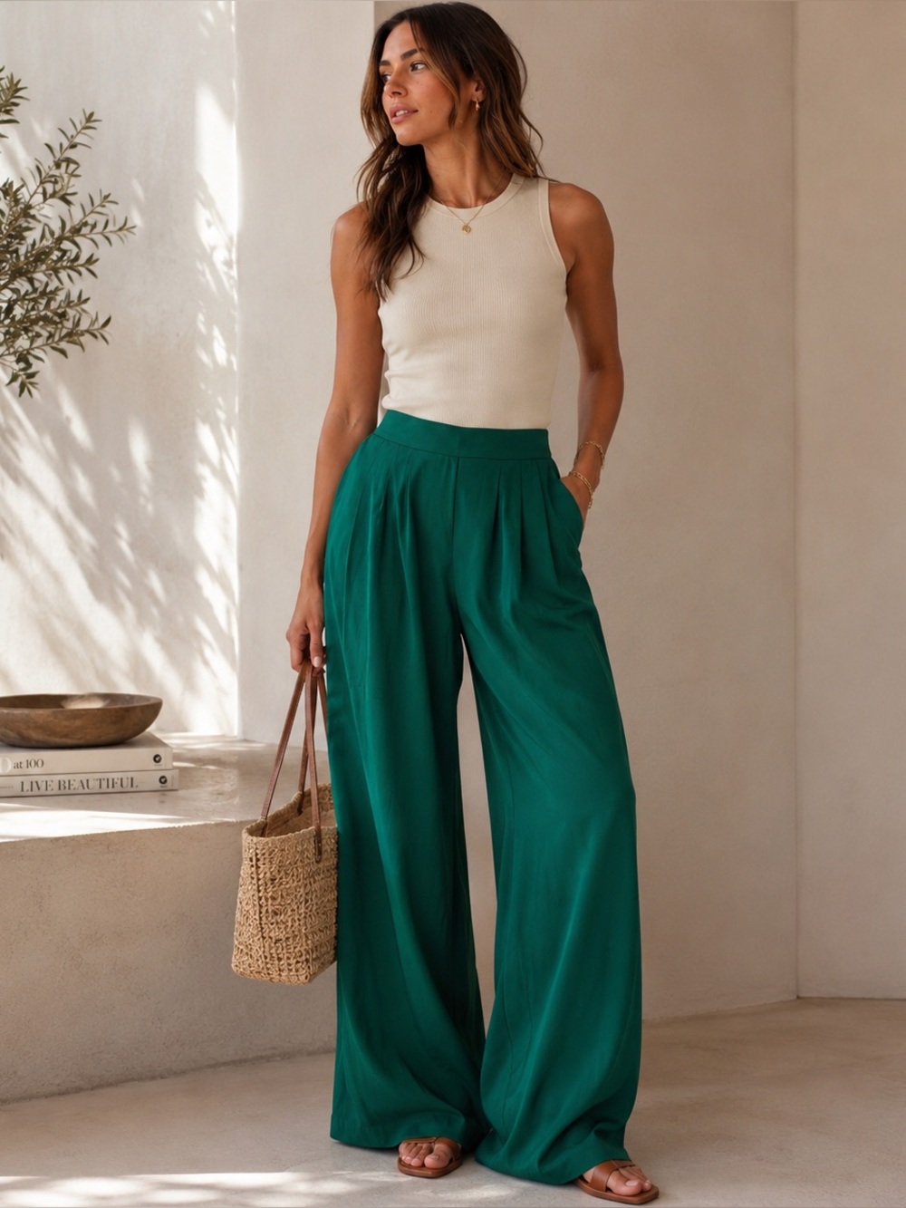 Emerald Green Flowy Wide Leg Palazzo Pants Quiet Luxury L